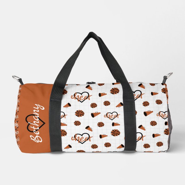 Burnt Orange Cheer Hearts, Pom Poms, Megaphone Duffle Bag (Front)