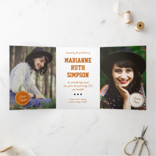 Burnt Orange Circles 5-Photo Graduation Tri-Fold Invitation