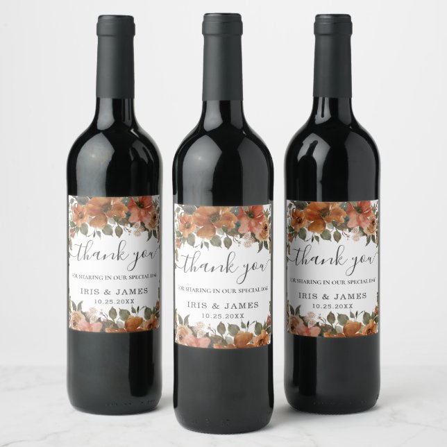 Burnt Orange Copper Terracotta Floral Fall Wedding Wine Label (Bottles)