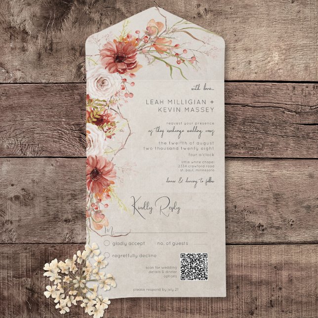 Burnt Orange & Cream Boho Floral QR Code All In One Invitation (Burnt Orange & Cream Boho Floral All In One Wedding Invitation with QR Code)