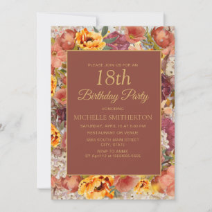 Burnt Orange Cream Rust Floral  18th Birthday Invitation