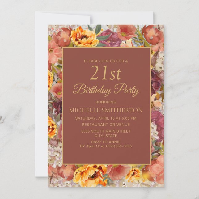 Burnt Orange Cream Rust Floral 21st Birthday Invitation (Front)
