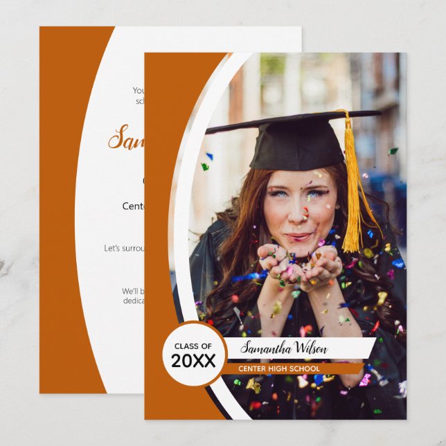 Burnt Orange Curved Frame Photo Graduation Invitation (Front/Back)