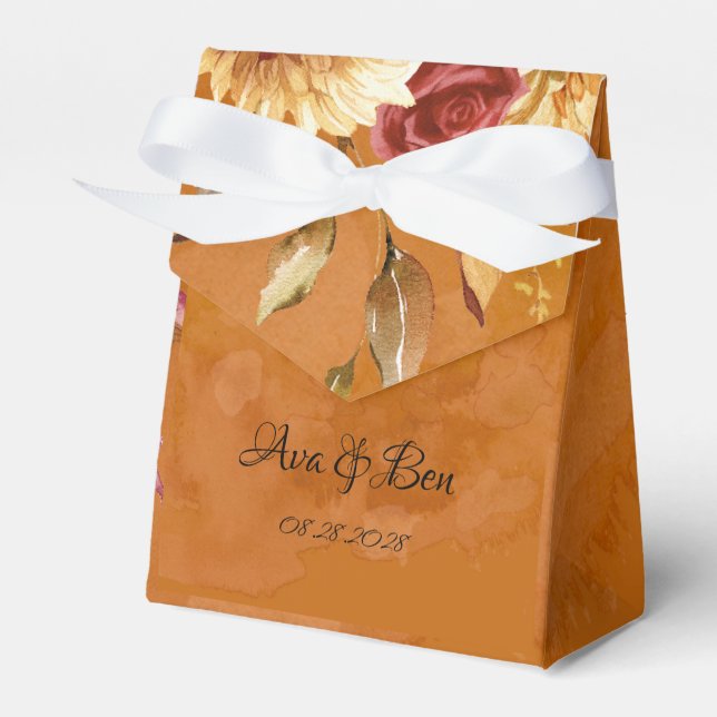 Burnt Orange Dahlia Flowers Wedding Favor Box (Front Side)