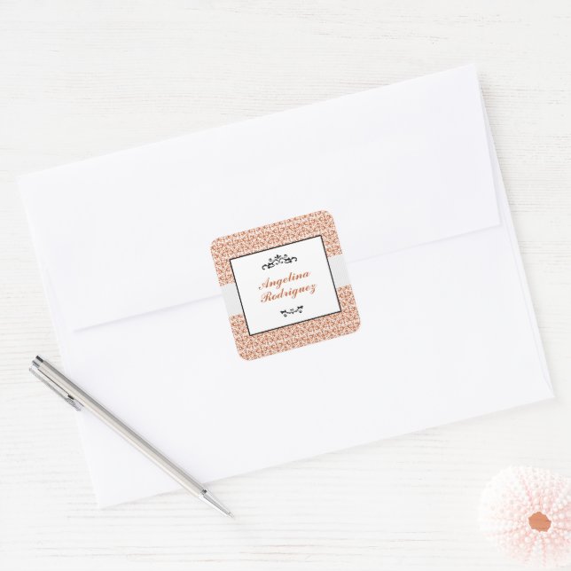 Burnt Orange Damask Pattern Graduation Square Sticker (Envelope)