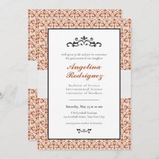 Burnt Orange Damask Pattern Photo Graduation Invitation