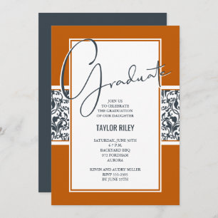 Burnt Orange Dark Grey Damask Graduation Invitation