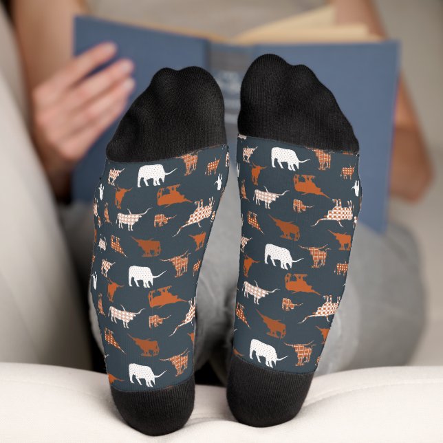 Burnt Orange & Dark Grey Patterned Longhorns Socks (Bottom)
