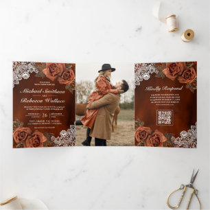 Burnt Orange Dusty Terracotta Rose QR Code Wedding Tri-Fold Invitation