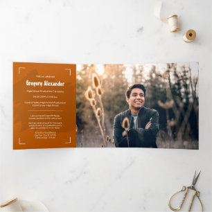 Burnt Orange Edgy Abstract Brushstroke Photo Grad Tri-Fold Invitation