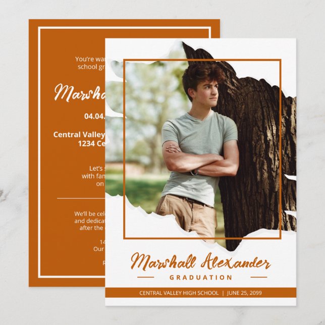 Burnt Orange Edgy Abstract Torn Photo Graduation Invitation (Front/Back)
