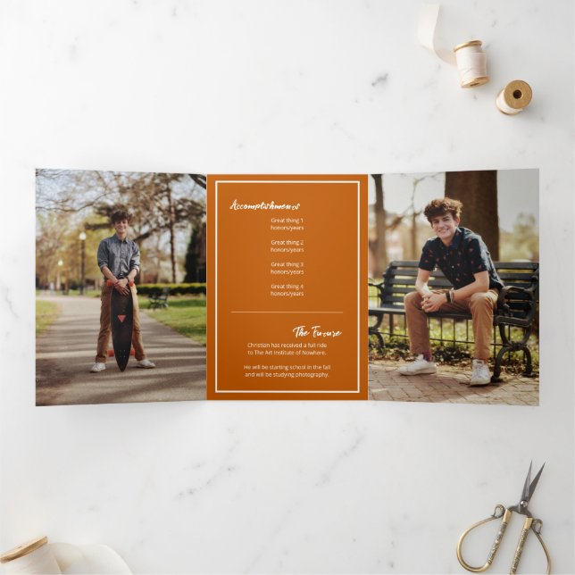 Burnt Orange Edgy Abstract Torn Photo Graduation Tri-Fold Invitation (Inside)
