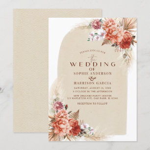 Burnt Orange Elegant And Pampas Grass Wedding Invitation