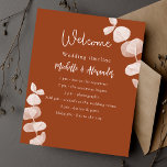Burnt orange eucalyptus wedding program timeline<br><div class="desc">Dark burnt orange background,  decorated with eucalyptus stems,  sprigs.  Personalize and add your names and the details.</div>