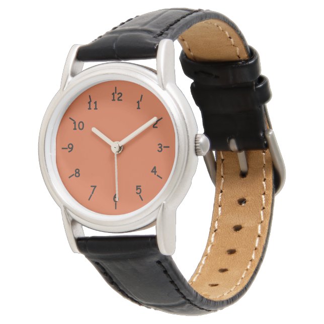 Burnt Orange Face Classic Black Leather Watch (Angled)
