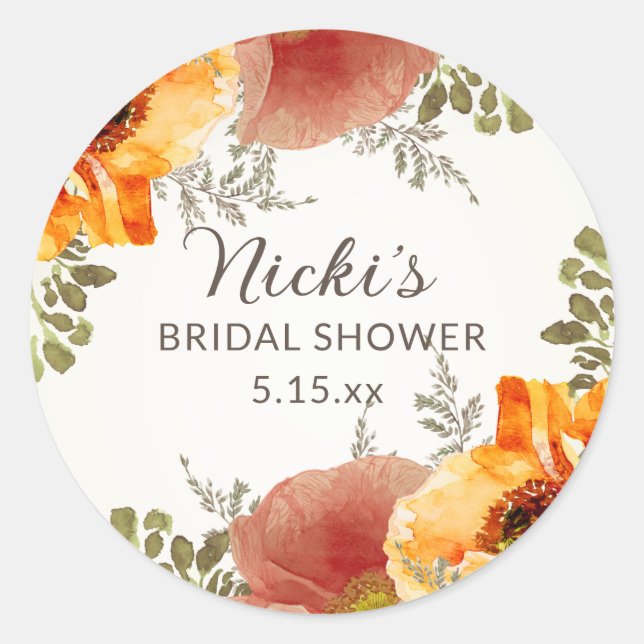 Burnt Orange Fall Autumn Floral Bridal Shower Name Classic Round Sticker (Front)