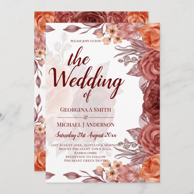 Burnt Orange FALL Floral Botanical WEDDING Invitation (Front/Back)