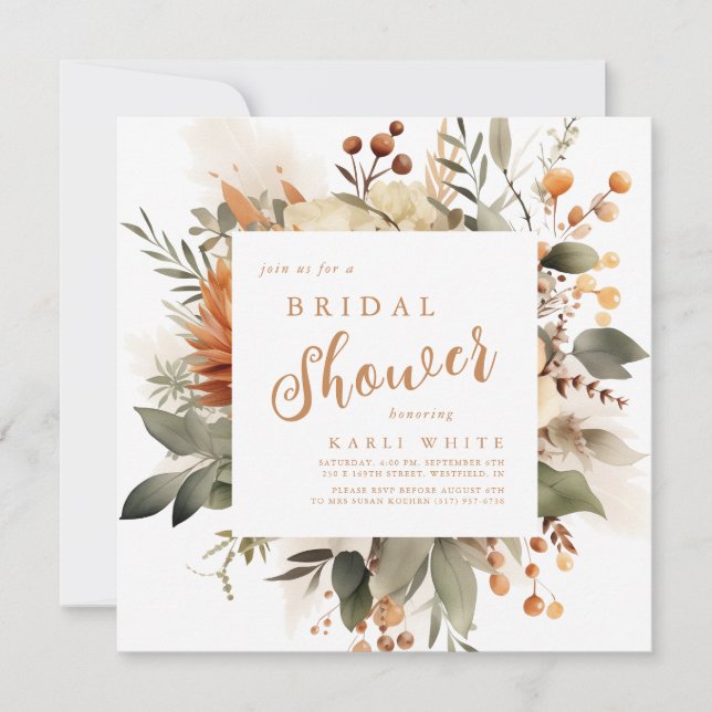 Burnt Orange Fall Floral Bridal Shower Invitation (Front)