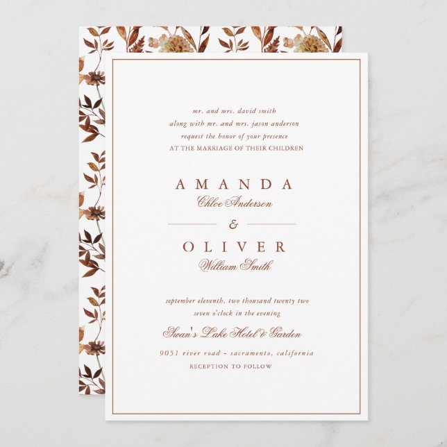 Burnt Orange Fall Floral Elegant Classic Wedding Invitation (Front/Back)