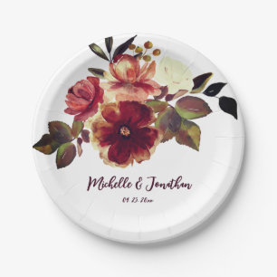 Burnt Orange Fall Floral Watercolor Wedding Paper Plate