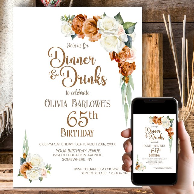Burnt Orange Floral 65th Birthday Dinner Party Invitation (Creator Uploaded)