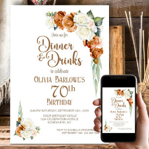 Burnt Orange Floral 70th Birthday Dinner Party Invitation
