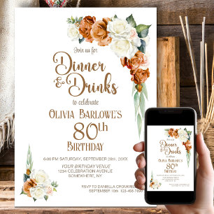 Burnt Orange Floral 80th Birthday Dinner Party Invitation