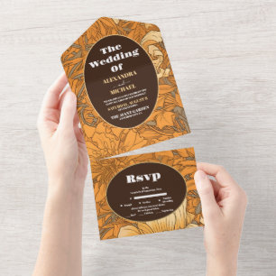 Burnt Orange Floral Art Nouveau Wedding All In One Invitation