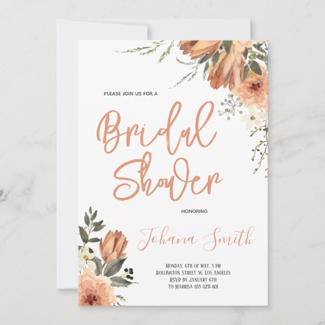 Burnt Orange Floral Autumn Bridal Shower  Invitation (Front)