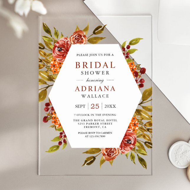 Burnt Orange Floral Autumn Fall Bridal Shower Acrylic Invitations (Creator Uploaded)