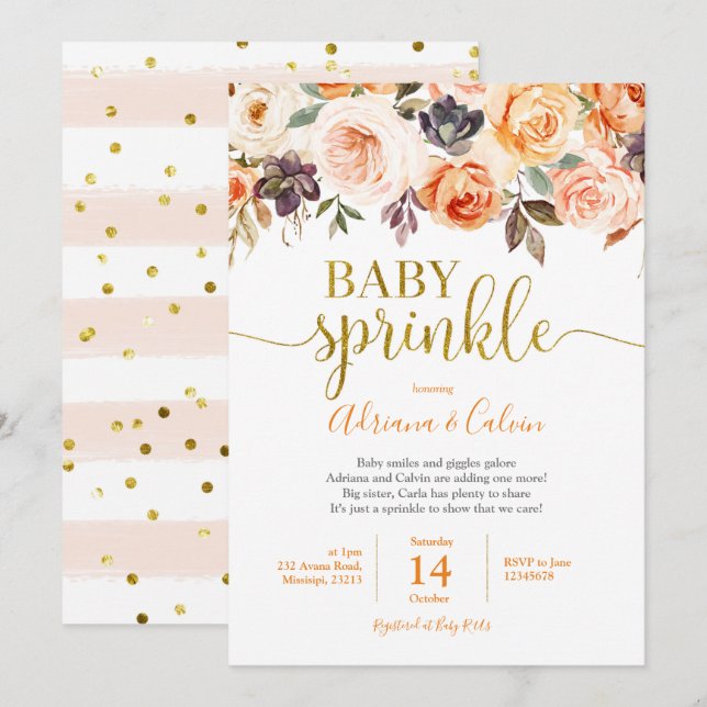 Burnt Orange Floral Baby Sprinkle Shower Invitatio Invitation (Front/Back)