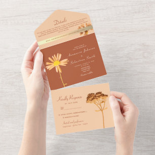 Burnt Orange Floral Boho Wedding All In One Invitation