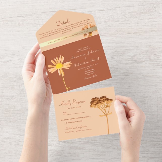 Burnt Orange Floral Boho Wedding All In One Invitation (Tearaway)
