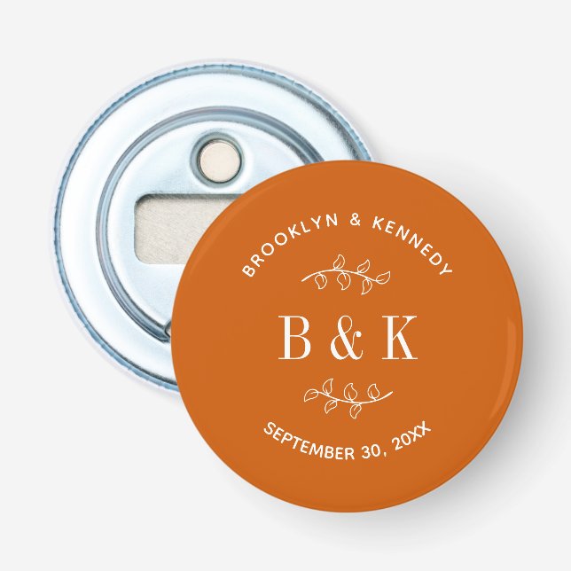 Burnt Orange Floral Botanical Wedding Couple Name Bottle Opener (Front)