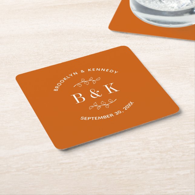 Burnt Orange Floral Botanical Wedding Couple Name Square Paper Coaster (Angled)