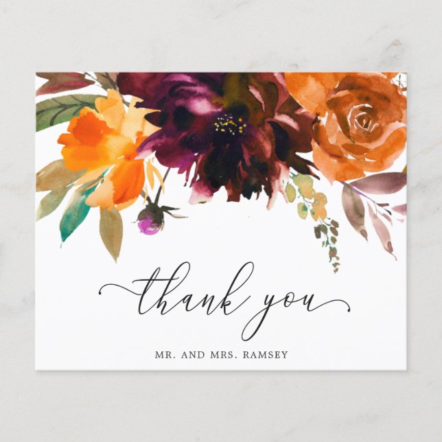 Burnt Orange Floral Budget Wedding Thank You Card (Front)