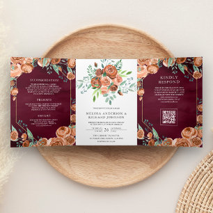 Burnt Orange Floral Burgundy QR Code Wedding Tri-Fold Invitation
