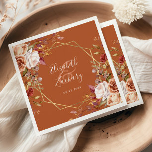 Burnt Orange Floral Gold Geometric Fall Wedding Napkin