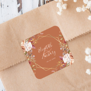Burnt Orange Floral Gold Geometric Fall Wedding Square Sticker