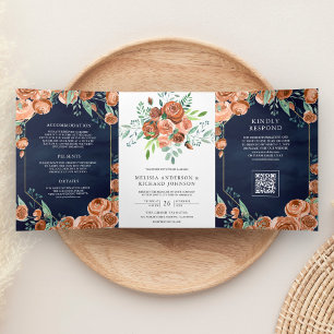Burnt Orange Floral Navy Blue QR Code Wedding Tri-Fold Invitation