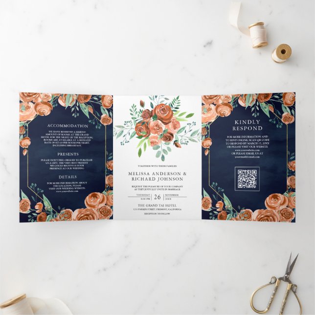 Burnt Orange Floral Navy Blue QR Code Wedding Tri-Fold Invitation (Inside)