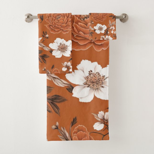 Burnt Orange Floral Pattern Bath Towel Set (Insitu)