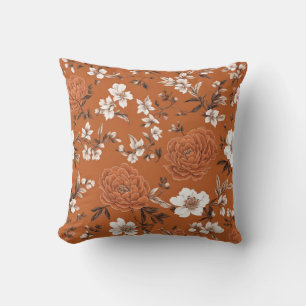 Burnt Orange Floral Pattern Throw Pillow