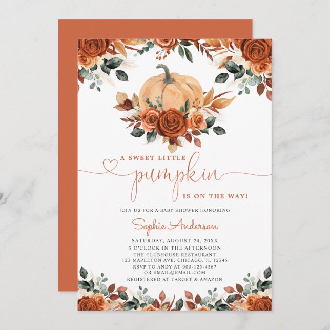 Burnt Orange Floral Pumpkin Fall Baby Shower Invitation (Front/Back)