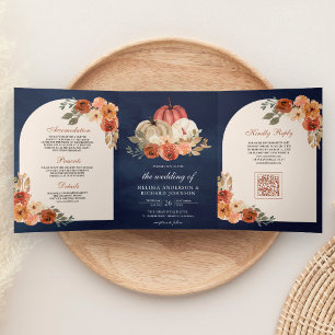 Burnt Orange Floral Pumpkin QR Code Navy Wedding Tri-Fold Invitation
