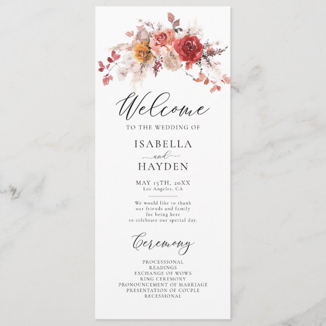Burnt Orange Floral Rustic Fall Autumn Wedding Program (Front)