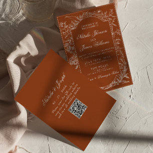 Burnt Orange Floral Terracotta QR Code Wedding Invitation