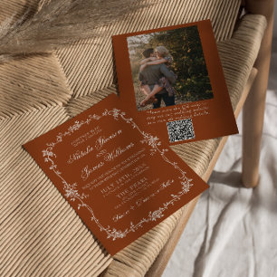 Burnt Orange Floral Terracotta QR Code Wedding Invitation