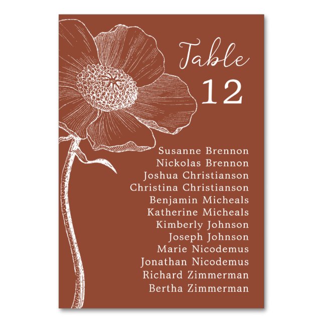 Burnt Orange Floral Wedding Chart Table Number (Front)
