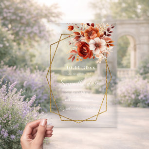 Burnt orange floral wedding Save the Date Card Acrylic Invitations